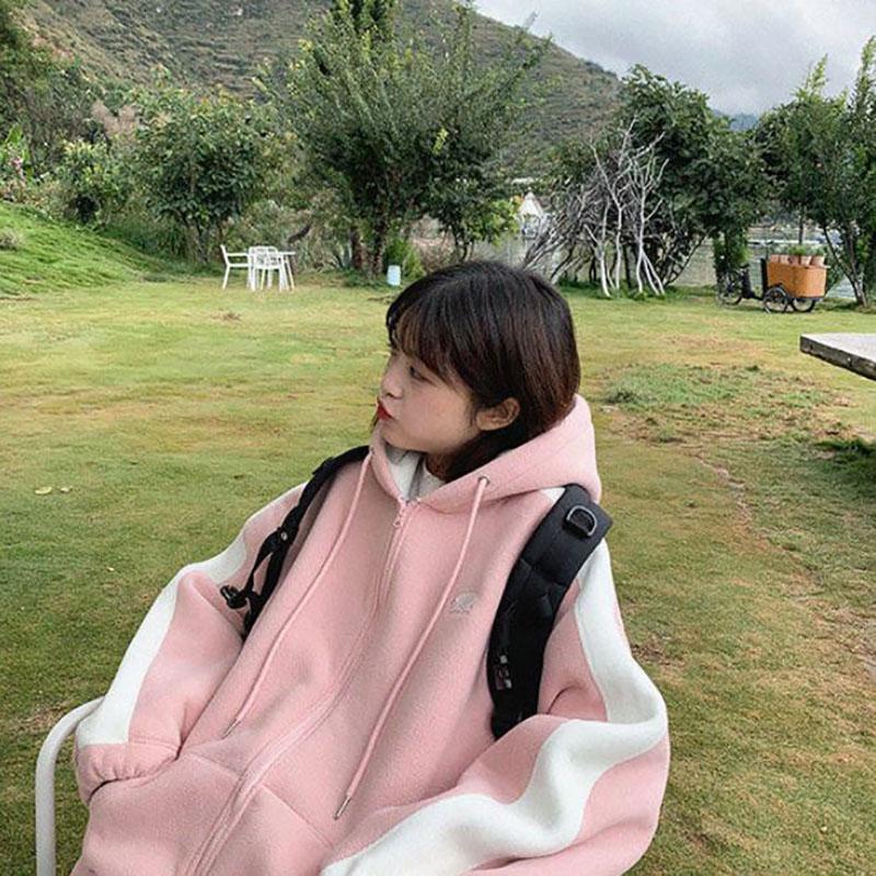 Winter Ladies Polar Fleece Jacket Fashion Korean Thick Embroidered Hooded Zipper Jacket Suitable for Young Women