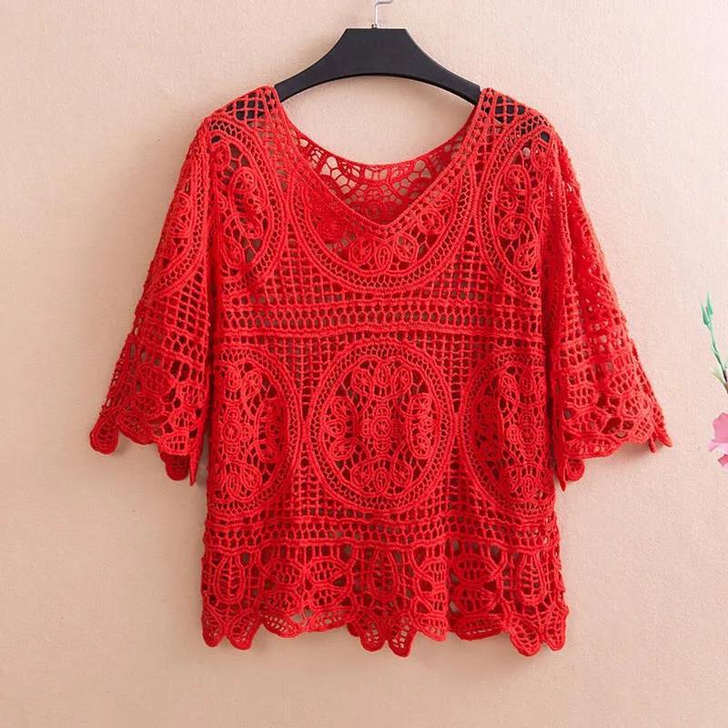 Loose Knit Hollow Crochet Top Hollow Perspective Shawl Blouse Female Pullover Top Mid Sleeve V Neck Knit Sweater