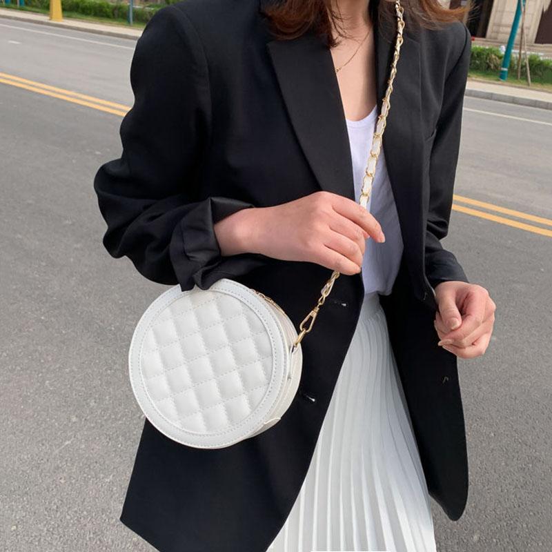 Diamond Lattice Round Bag Metal Chain Pu Leather Messenger Bag Women Outing Trip Large Capacity Crossbody Bags