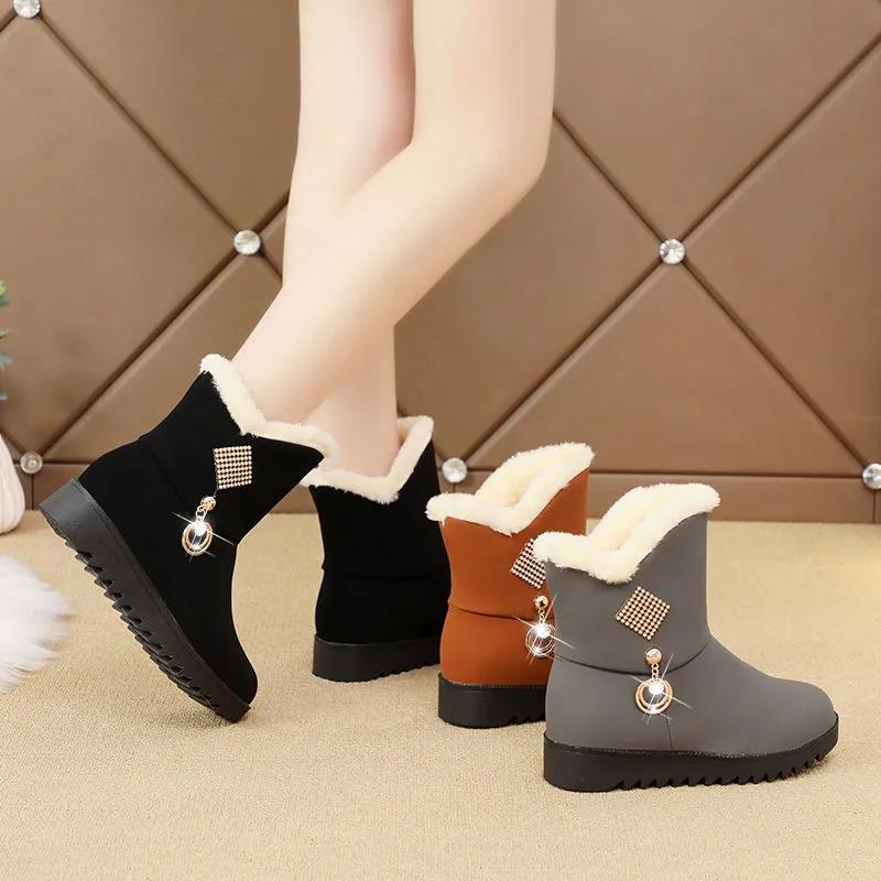Snow Boots Women's Autumn and Winter Plus Velvet Thickened Warm Leather Surface Non-slip Waterproof Mid-tube Boots Ankle Boots