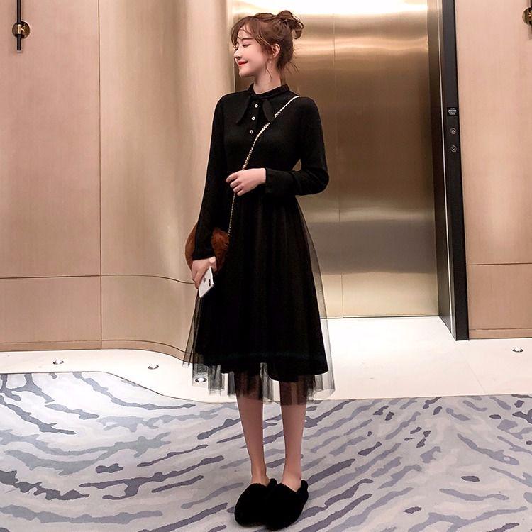 Pofulove Bottoming Black Skirt Ladies Super Fairy Mesh Stitching Dress Plus Velvet Midi Fairy Skirt
