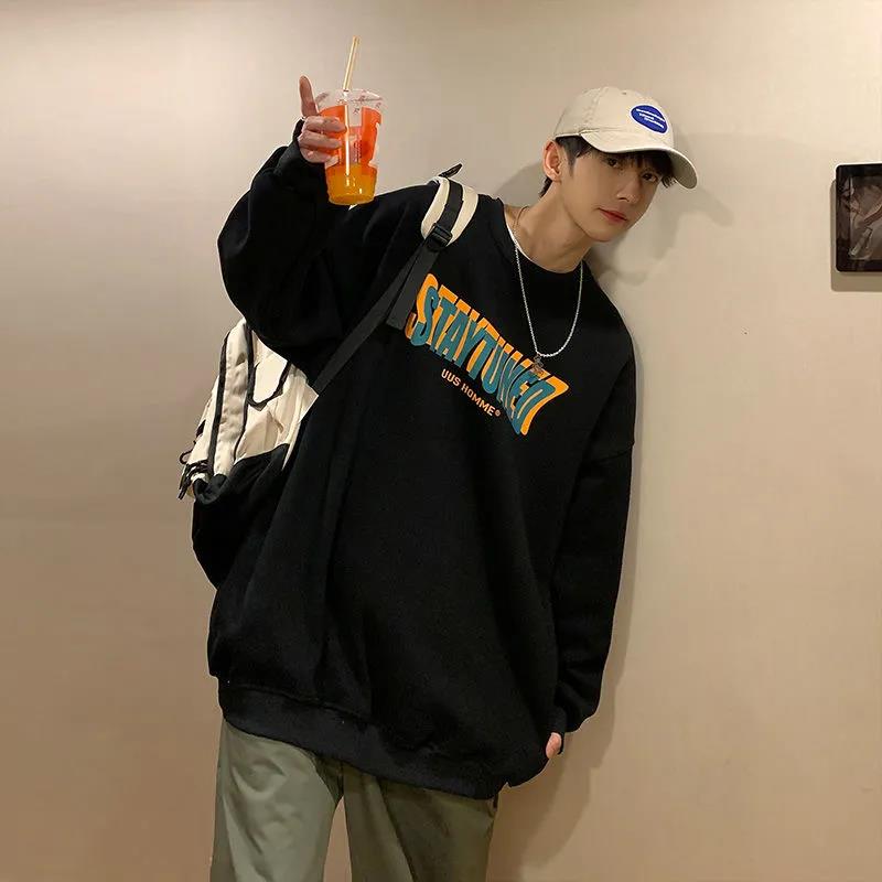 Round Neck Loose All-match Clothes Men's Winter Plus Velvet Thick T-shirt Warm and Comfortable Top