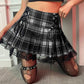 Rapcopter Plaid Skirt Women's Short Skirt Lace Edge Bandage College Style High Waist Pleated A-line Skirt