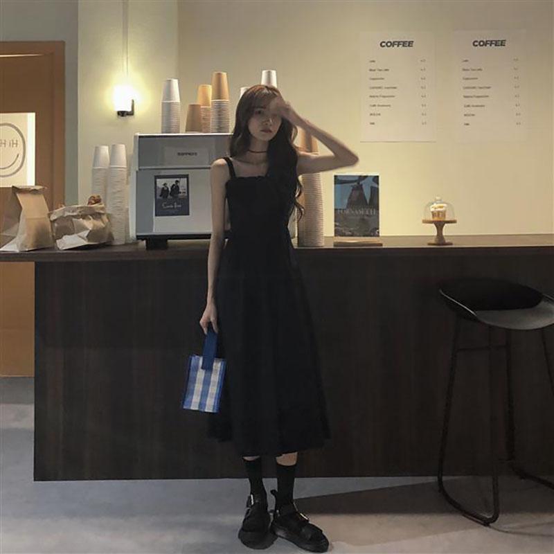 Black Mid-length Dress Female Summer Korean Style Design Temperament Waist Slimming Student Sling Dress