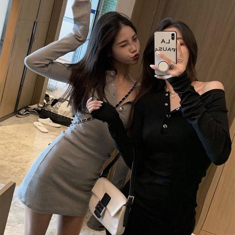 Pofulove Sexy Slim Long-sleeved High Waist Dress Female Temperament Net Red Hip Skirt Was Thin Skirt