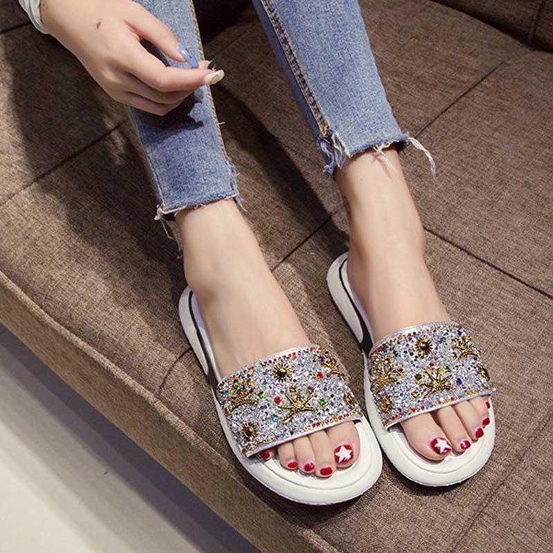 Size35-40 Summer Women Flat Slippers Bohemian Beach Wear-resistant Non-slip Slippers Wedge Platform Leopard Print Sandals Outdoor Crystal High Heels