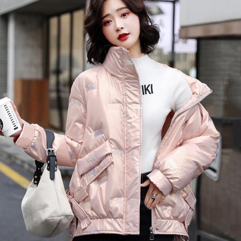 Women's Bright Print Short Down Jacket Winter Korean Loose Quilted Jacket Casual Stand-up Collar Hooded Down Jacket Quilted Jacket