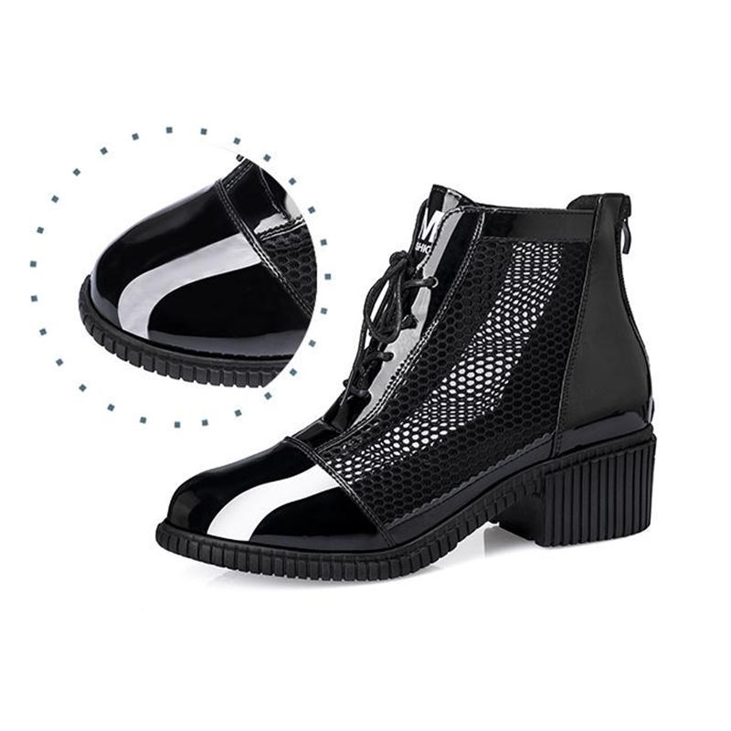 Ladies Mesh Breathable Cool Boots Spring and Autumn Middle Heel Lace Back Zipper Hollow Single Boots Thick Heel Martin Boots Women