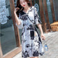 Fashion Summer Cotton Dress Mid-length Elasticated Wasit Printed Dress V-neck Flared Sleeves Dress