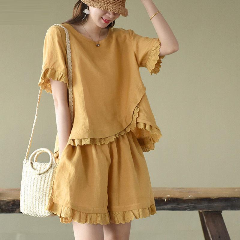 Suit Women Imitation Cotton Linen T-shirt Short-sleeved Top Wide-leg Shorts Two-piece Loose Large Size Casual Suit Home Service