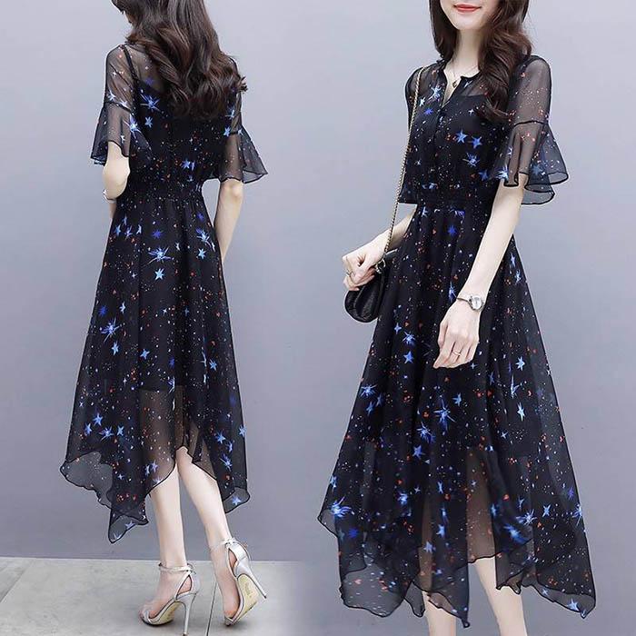 Pofulove S-3XL Women V-neck Chiffon Star Dress Slim Office Lady Sexy Short-sleeved Long A-line Dress