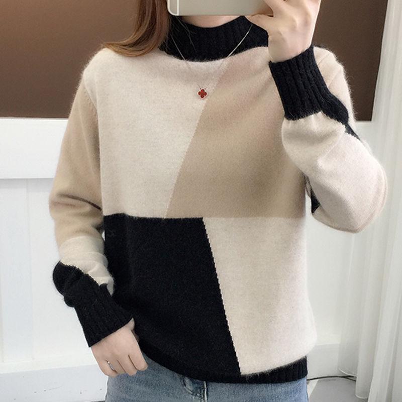 Autumn and Winter Color Matching Blouse Women's Student Long-sleeved Thick Knitted Bottoming Shirt