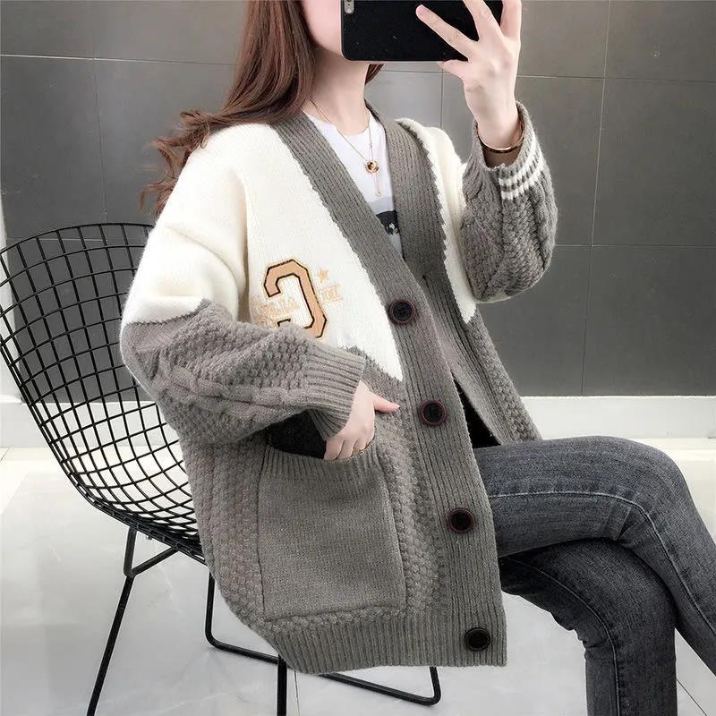 Women's Knitted Cardigan Sweater Loose Spring and Autumn Style Lazy Wind Sweater Coat