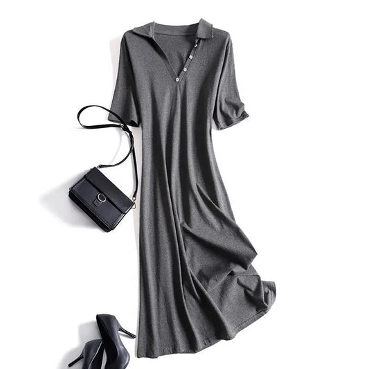 Women Cotton Age Reduction T-shirt Dress Five-point Sleeve Casual Short-sleeved Dress Mid-length Dress Summer