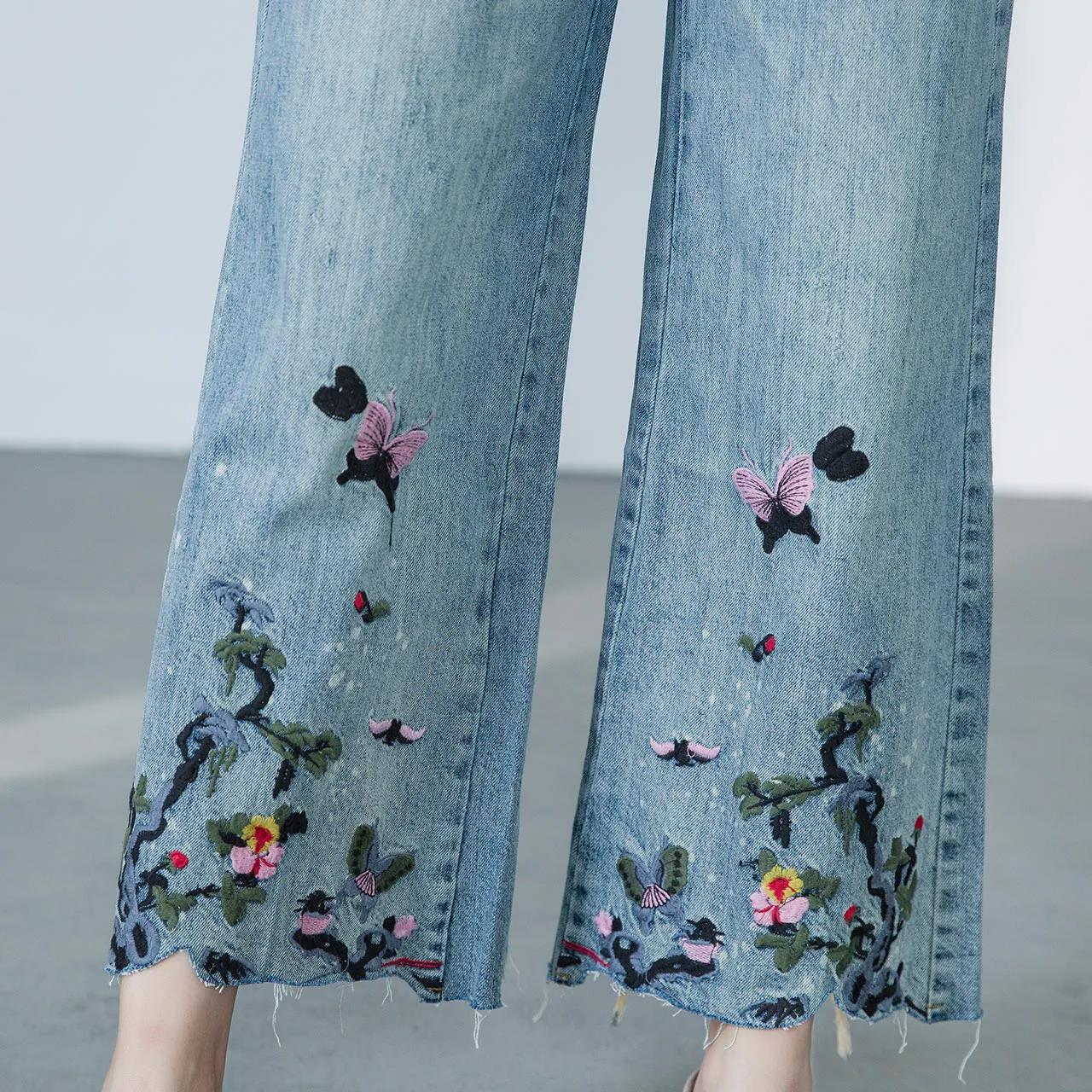 Large Size Embroidered Flared Pants Women's Spring and Autumn Thin Section High Waist Fashion Ethnic Style Loose and Thin Nine Points Wide Leg Jeans