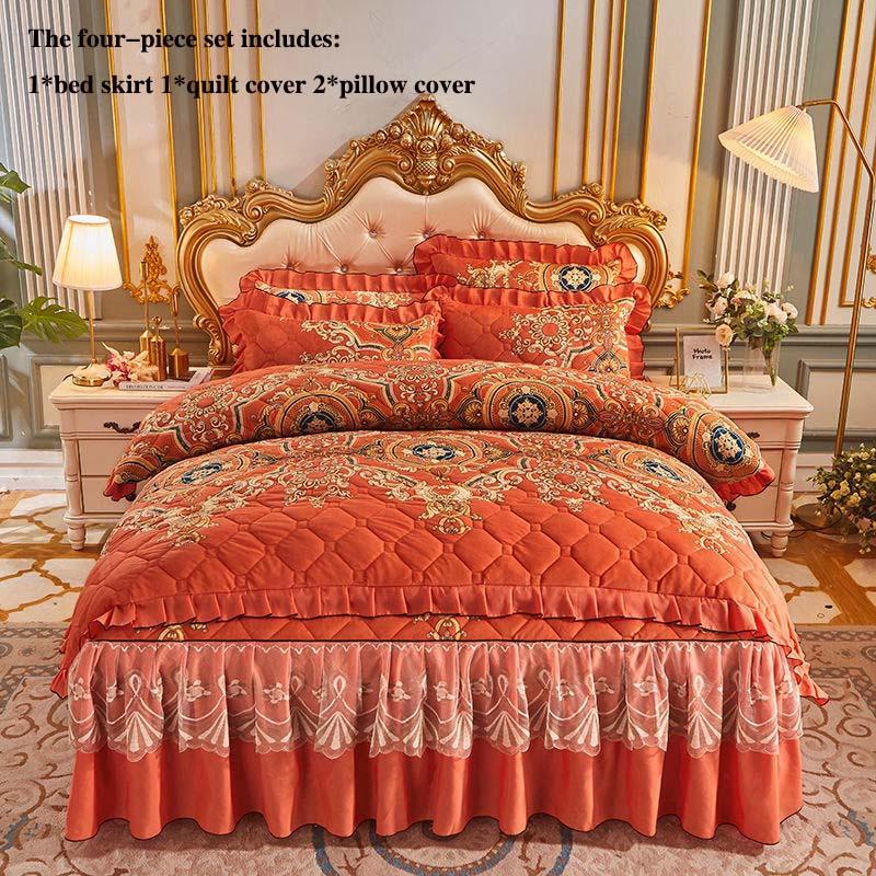 Quilted Crystal Velvet Bed Skirt Four-piece Thick Plus Cotton Bedspread Duvet Cover Bedding Set