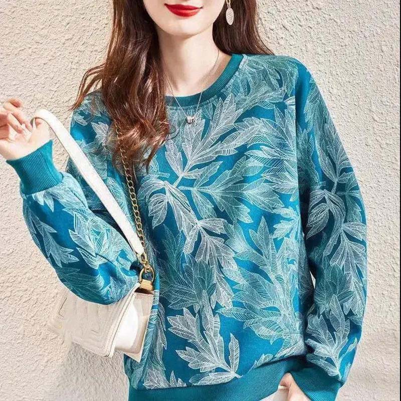 Women's Long-sleeved Spring and Autumn Outer Wear Printed Round Neck Loose Top
