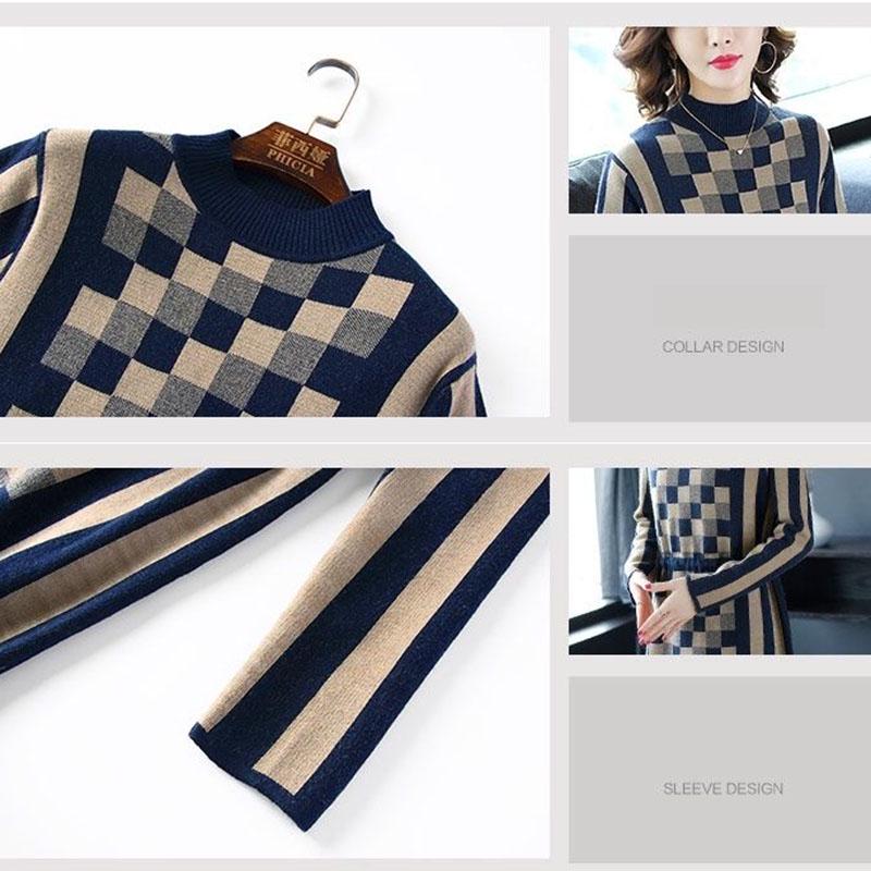 Autumn Winter Plaid Knitted Dress Women's Long  Bottoming Sweater Dress Slim High Neck Pullover Sweater with Sashes