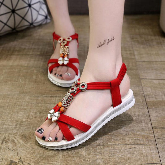 Summer Korean Women's Sandals Fashion Bohemian Non-slip Flat Heel All-match Sandals Casual Rhinestone Student Women's Shoes