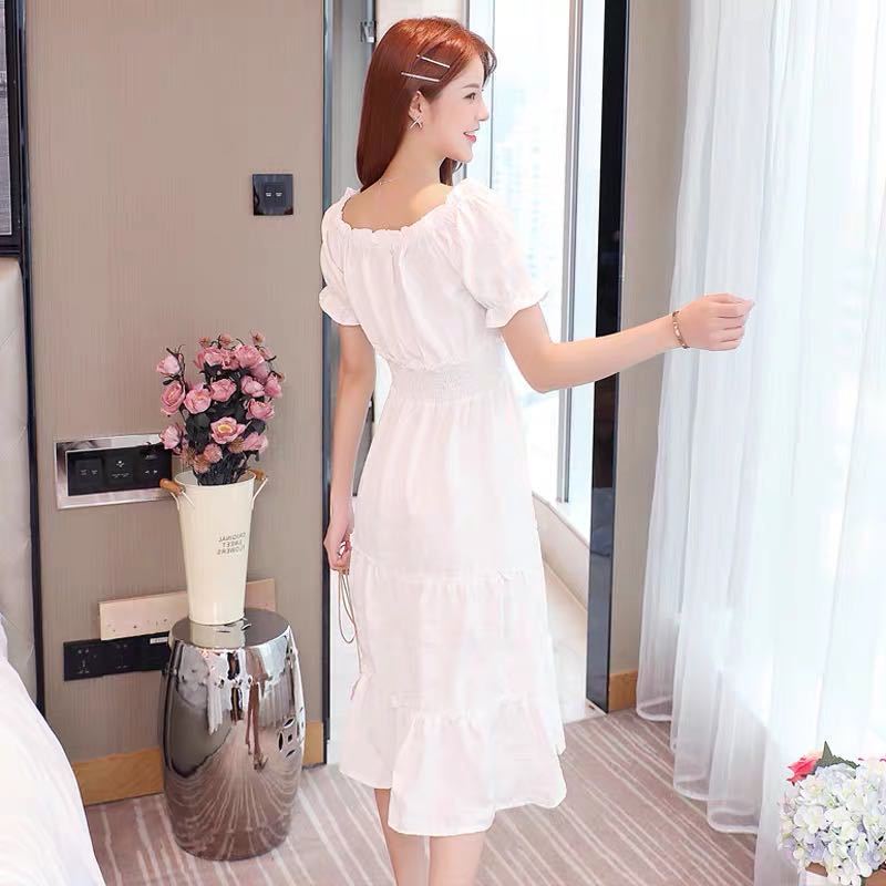 Summer One-shoulder Mid-length Dress Female French Waist Temperament Thin Fairy Skirt Gentle and Cute Retro Style Dress