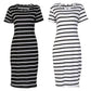 Fashion S-3XL Maxi T Shirt Women's Cute White and Black Strips Loose Tops Dress