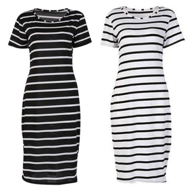 Fashion S-3XL Maxi T Shirt Women's Cute White and Black Strips Loose Tops Dress