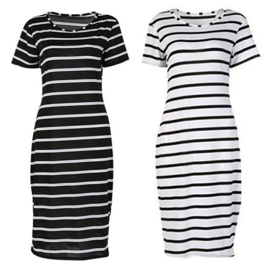 Fashion S-3XL Maxi T Shirt Women's Cute White and Black Strips Loose Tops Dress