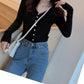 V-neck Solid Color Button Long-sleeved Knitted Bottoming Shirt Tops Women Spring and Autumn New Slim All-match Cardigan Casual Jacket
