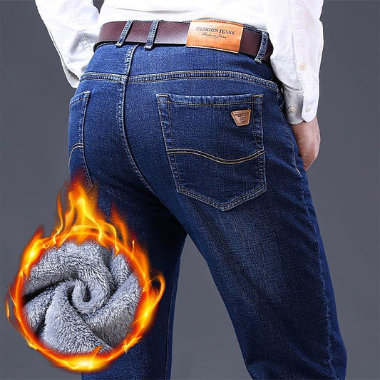 Winter Men's Warm Jeans Fleece Black Blue Jeans Business Casual Warm Thick Stretch Denim Trousers Men's Brand Pants