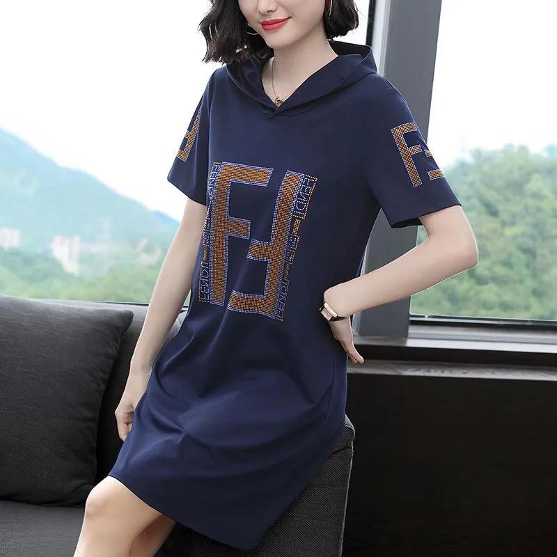 Hooded Casual Dress Mid Length Ladies Loose Large Size Short Sleeve T-Shirt Skirt
