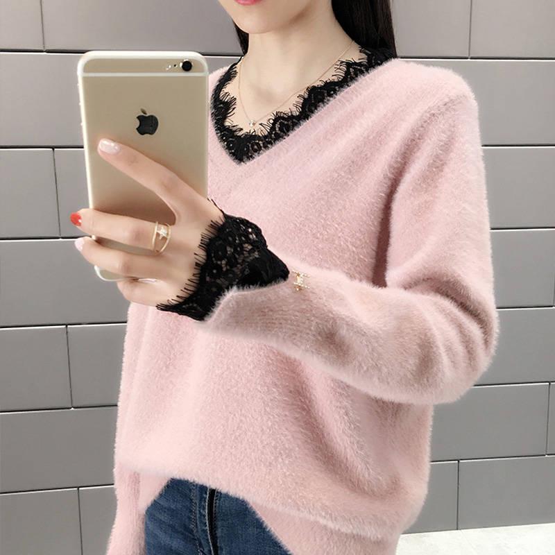 Fake Two Pieces V-neck Sweater Women's Lace Stitching Loose Pullover Thickening Sweater