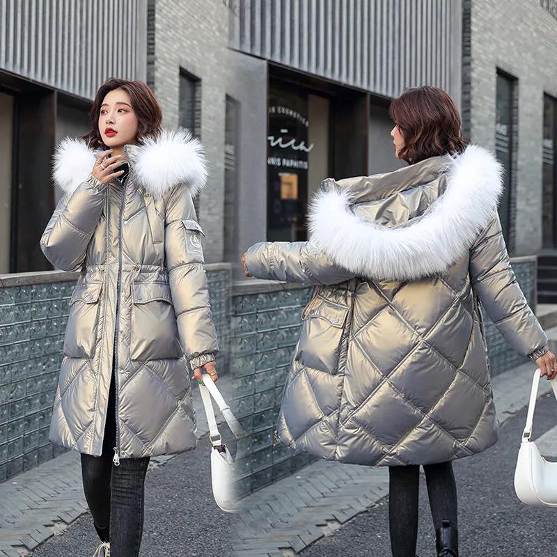 Glossy Disposable Down Padded Jacket Women's Mid-length Korean Style Winter Loose White Large Fur Collar Fashion Padded Jacket
