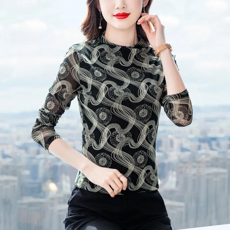 Women's Spring and Autumn Long-sleeved V-neck Slim Bottoming Shirt Printed Top