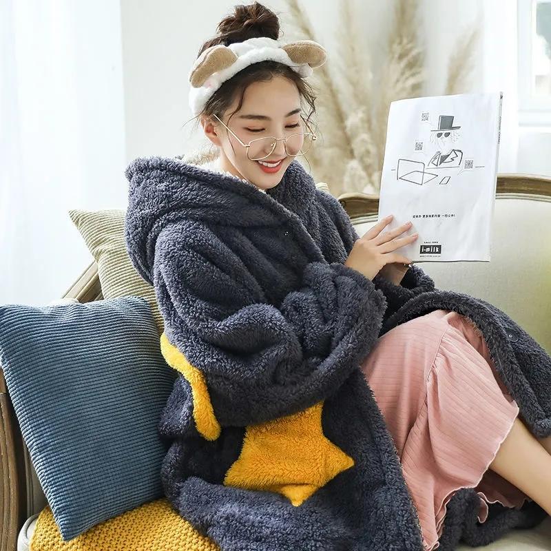 Women Pajamas Autumn Winter Long Thick Velvet Coral Fleece Flannel Sleepwear Warm Cute Nightgown Bathrobe Hooded Home Wear Long Sleeve Casual Loose
