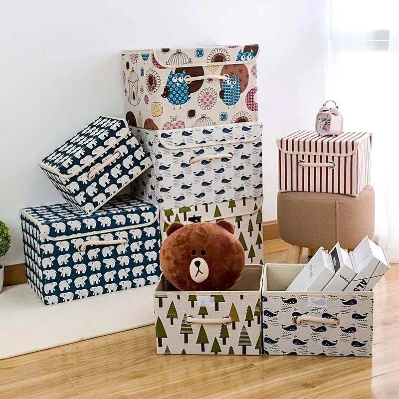 Simple Cartoon Cotton Linen Storage Box Dust Cover Foldable Clothes Underwear Toy Storage Box