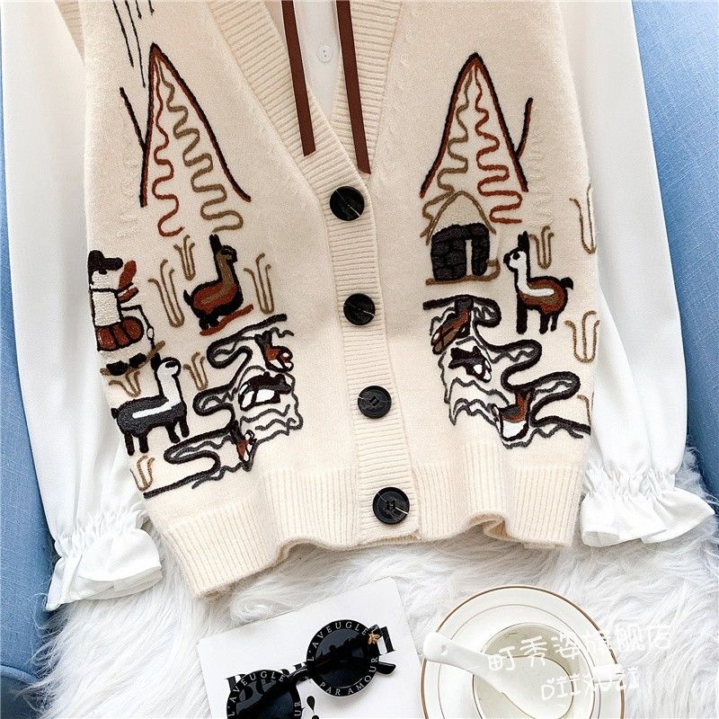 British Style Knitted Waistcoat Vest Women Loose Sleeveless Jacket Outer Sweater Vest Embroidery Waistcoat Women's Sleeveless Sweater Jacket