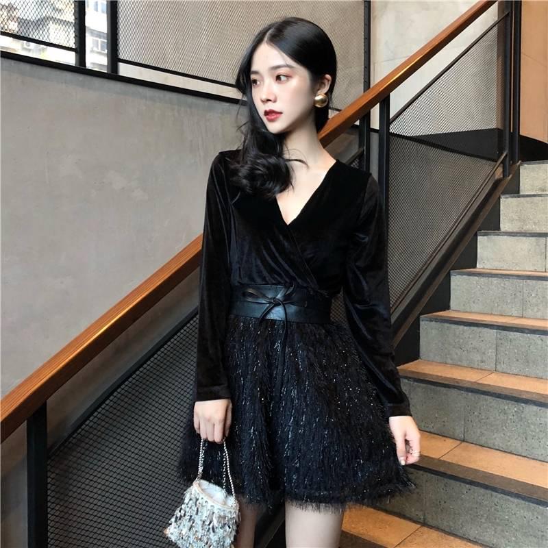 Nightclub Women's Tassel Velvet Was Thin V-neck Sexy Dress Night Ladies Temperament Dress Skirt