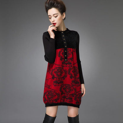 Vintage  Printed Woolen Sweater Women Thickened Long High Neck Furry Pullover Dress Plus Size  Loose Bottoming Sweater Dress