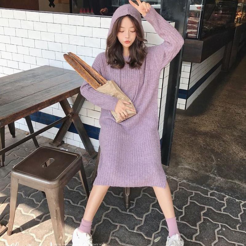 Autumn  Winter Thick Korean Mid-length Sweater Women Over The Knee Knit Sweater Dress Versatile Hooded Base Skirt