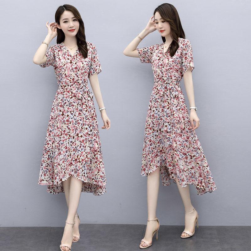 Chiffon Dress Feminine Temperament Elegant Waist Thin French Floral Long Skirt Can Be Belted Slimming Thin Ladies Chiffon Dress