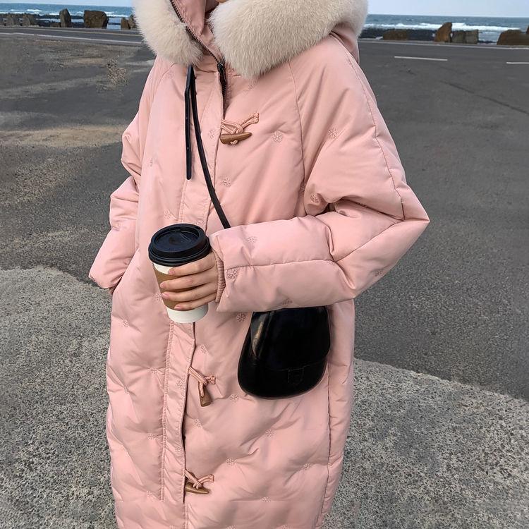 Fluffy Big Fur Collar Hooded White Duck Down Down Jacket Women's Mid-length Loose Women's Winter Thick Coat Button Design Winter Jacket