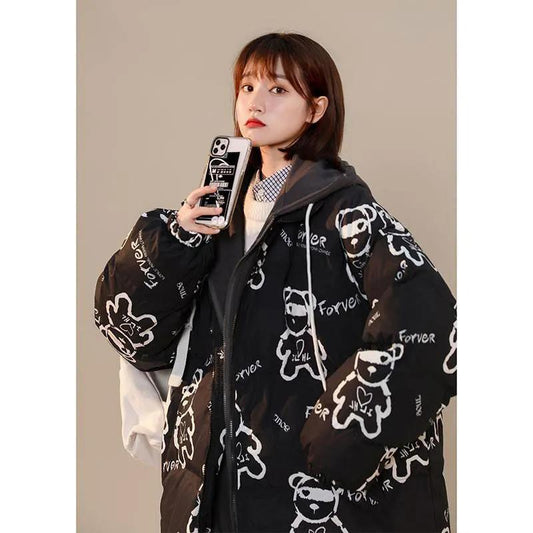 Literary Bear Padded Clothes Salt Loose Fake Two-piece Padded Jackets Winter Thickened Padded Jackets Men and Women Couples Jackets Warm Hooded Coat