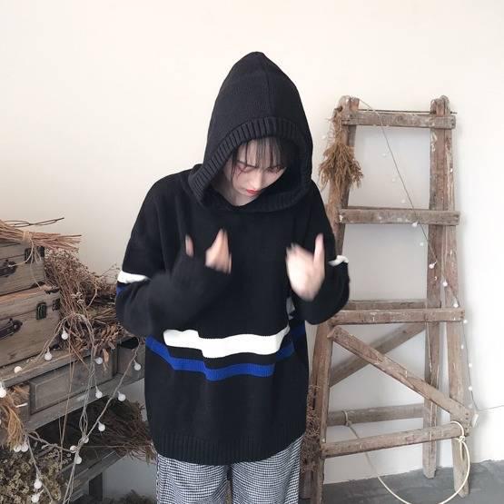 Pofulove Autumn Winter ins Hooded Sweater Schoolgirl Loose Harajuku bf Lazy Knit Pullover Top