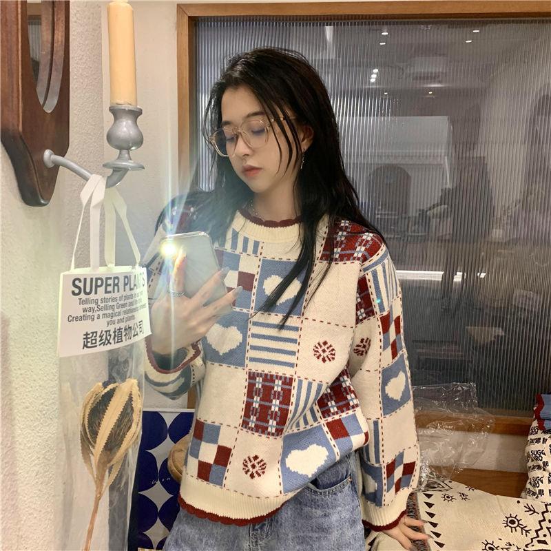 Autumn Winter  Women Fashion Sweater Casual Knitting Sweater Retro Round Neck Pullovers Loose Casual Long Sleeve Sweater