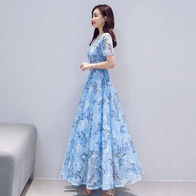 Embroidered Net Yarn Printed Chiffon Dress Summer Long Waist Short-sleeved Beach Skirt Long Skirt Temperament Elegant Long Skirt Women