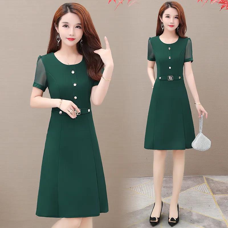 Women's Summer Dress Solid Color Round Neck Chiffon Slim A-line Skirt
