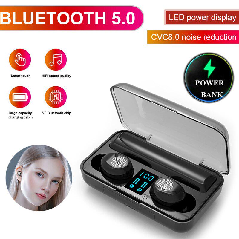 TWS 5.0 Bluetooth 8D Stereo Earbud Wireless Waterproof Earphones 2000mAh LED Power Bank Phone Holder