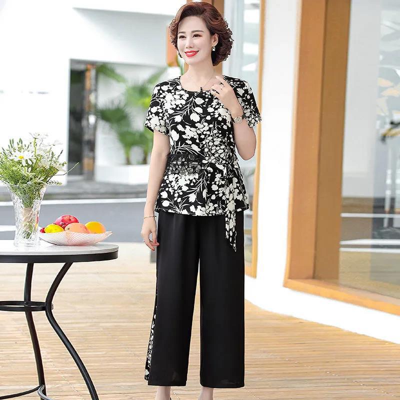 Printed Summer Suit Casual Large Size Two-piece Round Neck Short-sleeved T-shirt + Loose Wide-leg Pants Comfortable and Cool