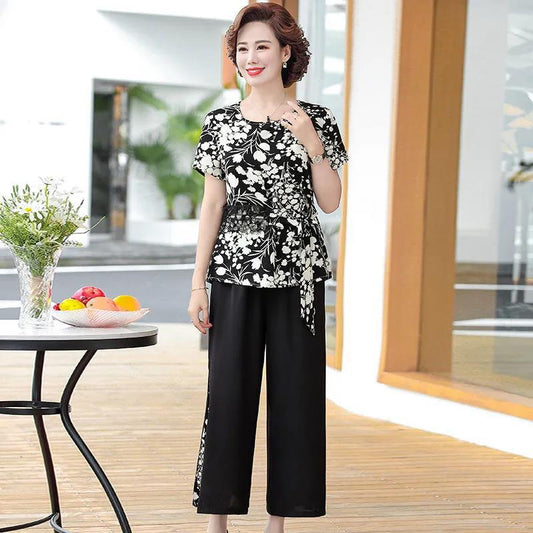 Printed Summer Suit Casual Large Size Two-piece Round Neck Short-sleeved T-shirt + Loose Wide-leg Pants Comfortable and Cool