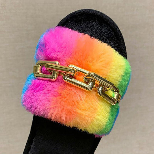 Fashion Slippers for Women Rainbow Fur Winter Slipper Luxury Designer Plus Size Cotton Slides Plat Non Slip Ladies Slipper